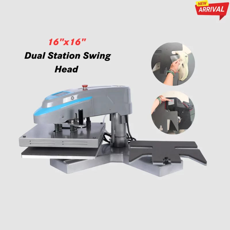 16x16 Pneumatic Swing Head Dual Station Heat Press with Irregular Plate Design for shoes, socks, and cuffs